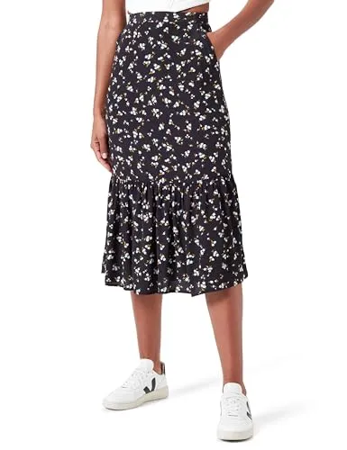 Tommy Jeans Damen Rock Floral Ruffle Midi-Länge, Schwarz (Spring Floral) 6XL - Damenrock mit floralem Rüschen-Design, aus 100% nachhaltiger Viskose, ideal für casual Outfits und hohen Tragekomfort.
