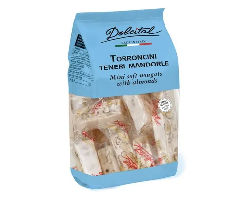 Dolcital Süßigkeit Torroncini mit Mandeln, soft, Torroncini Teneri Mini Mandorle, Nougat, 130 g, weicher weißer Nougat, einzeln verpackt