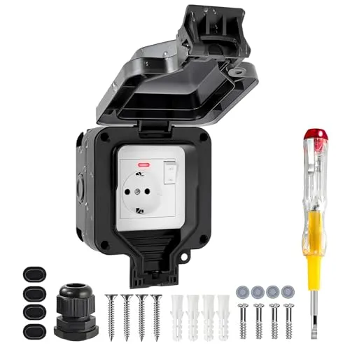 Außensteckdose Wasserdicht IP66 1-Fach, Steckdose Aufputz für Garten, Terrasse und Feuchträume, Aussensteckdose mit Anschluss-Set und Spannungsprüfer, IP-Schutz - Schwarz