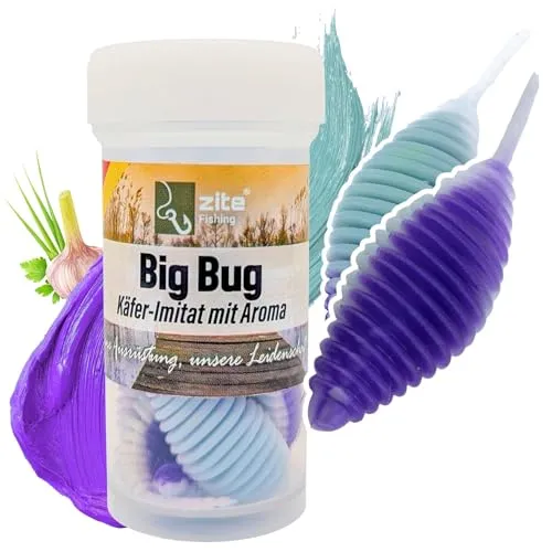 Zite Fishing Big Bug Forellenköder Gummi | Käfer-Imitat 5 cm 8 Stück | Knoblauch & Käse Flavour | Made in Germany | Phthalatfrei | UL Twitchköder am Tungsten Jighaken (Unicorn Knoblauch)