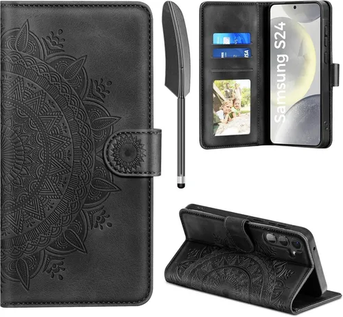 Samsung Galaxy S24 5G Leder Flip Wallet Hülle Schwarz - Elegante Handyhülle mit Standfunktion für optimale Nutzung, ideal für Erwachsene. Robuste Verarbeitung und stilvolles Design sorgen für Schutz und Komfort im Alltag.