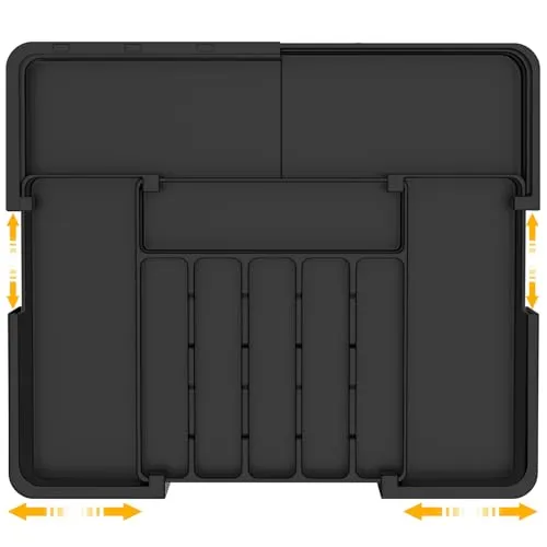 ROELLY Besteckkasten für Schubladen, Besteckeinsatz Mit 9 Fächern, 37 X 33 cm Großer Silikon-Besteckeinsatz für Schubladen, Zur Aufbewahrung Von Küchenbesteck, Schubladenaufbewahrung, Schwarz