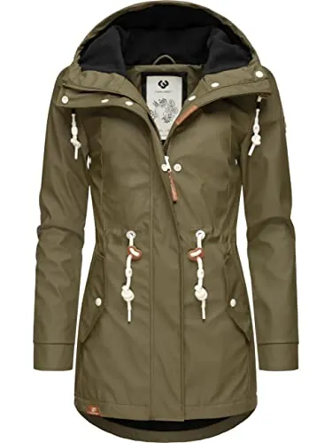 RAGWEAR Monadis Rainy Intl. Damen Regenmantel XXL, grün - Funktionsjacke mit kuscheligem Fleece-Innenfutter, wasserdicht (Wassersäule 4000 mm) und ideal für nasskaltes Wetter in der Übergangszeit. Modischer Vokuhila-Schnitt für eine tolle Figur!