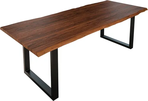Esszimmertisch 240x100 cm Lauren, Baumkantentisch aus Akazienholz, massiv + nougatfarben, U-Metallgestell Schwarz, Esstisch mit echter Baumkante
