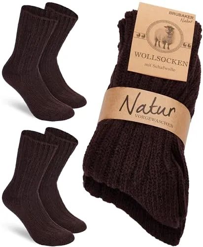 BRUBAKER 2 Paar Wollsocken - Wintersocken für Damen und Herren - Warm und Flauschig - Winter Socken Set mit Schafwolle - Thermosocken Stricksocken - Braun - Größe 35-38
