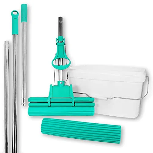 ABACUS® Wischmop Set, Wischmopp extrem saugstark + Ersatzschwamm + 2X Verlängerungsstiel + Eimer, Bodenwischer, Wischer, Mopp, Bodenreiniger, Bodenmop, Doppelwringer – Green Mop® Set 30 cm (7809.3)