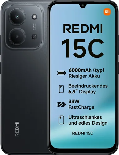 Xiaomi Redmi 15C 4/128GB Midnight Black - Simlockfreies Handy mit 4 GB RAM und 128 GB Speicher, ideal für Multitasking und umfangreiche Apps, in elegantem Schwarz.