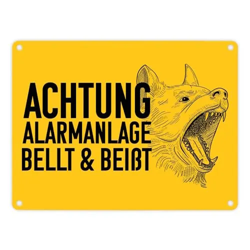Achtung Alarmanlage bellt und beißt Metallschild in 15x20 cm mit Hunde Motiv Blechschild für Hundebesitzer mit bellendem Hund um Einbrecher abzuschrecken für deine Sicherheit