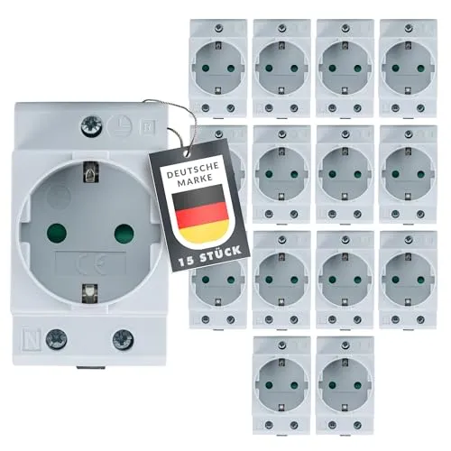 Schuko Steckdose [GS16] für Hutschiene 16A 230V 2P+E – 15er Pack Grau – Einbausteckdose für Verteilereinbau, Schaltschrank & Zählerschrank – Schutzkontaktsteckdose für 35 mm DIN-Trägerschienenmontage