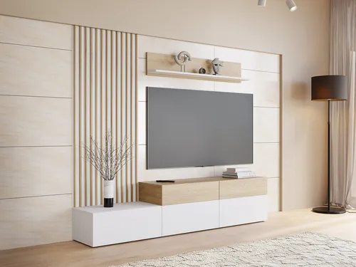 Mirjan24 Wohnwand Narezi – Elegantes Wohnzimmer-Set mit TV-Lowboard und Wandregal - Moderne Wohnwand in Weiß/Eiche Cremona, Breite 225 cm. Mit stilvollem Design und praktischem push-to-open System für eine komfortable Nutzung. Ideal für Ihr Wohnzimmer!