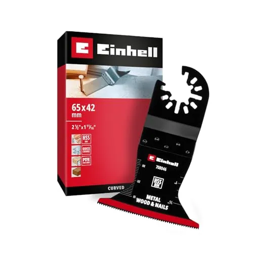 Original Einhell Tauchsägeblatt aus Bi-Metall für Metall- und Holzbearbeitung (65 mm Breite, 42 mm Eintauchtiefe, PTFE-Finishing, Metallverzahnung, gekrümmte Schneide, Schnellwechselfunktion)