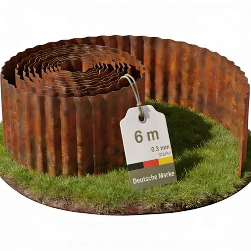 novaterra® Rasenkante aus gewelltem Cortenstahl - 6m, 15cm Höhe - Hochwertige Rasenkante aus Cortenstahl in edler Rostoptik. Flexibel formbar für kreative Gartenideen und perfekt für Mähroboter geeignet. Langlebig und witterungsbeständig, ideal für elegante Beetbegrenzungen.