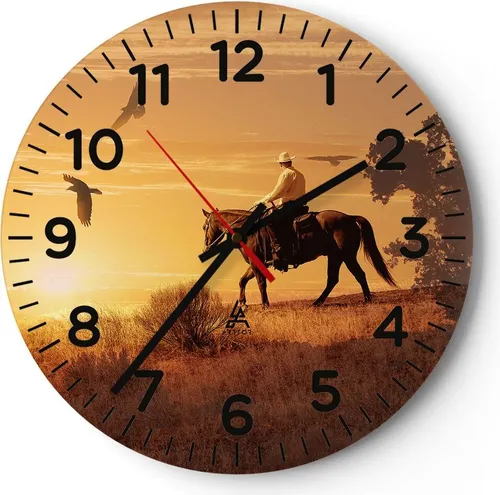 Wanduhr - Rund - Glasuhr - Pferd Cowboy Bauernhof Reiten - 40x40cm - Schleichendes Uhrwerk - Lautlos - zum Aufhängen bereit - Dekoration Modern - Wanddekoration aus Glas - C4AR40x40-2955