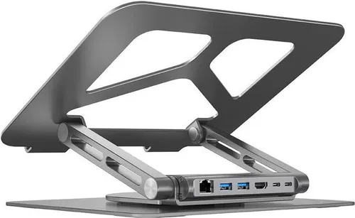 Unitek Drehbarer Laptopständer mit USB-C-Station - USB-Hub und Laptop-Halterung in einem, ergonomisch und drehbar für optimale Sicht. Mit 100W Power Delivery und vielseitigen Anschlüssen für effizientes Arbeiten.