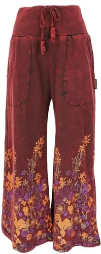 GURU SHOP Palazzohose - Boho Baumwollhose mit Blüten, Schlaghose in Weinrot für Damen - Damen-Hosen: Bequeme Palazzohose aus weicher Baumwolle mit Flower Power Druck, elastischem Bund und praktischen Hosentaschen für einen lässigen Boho-Look.