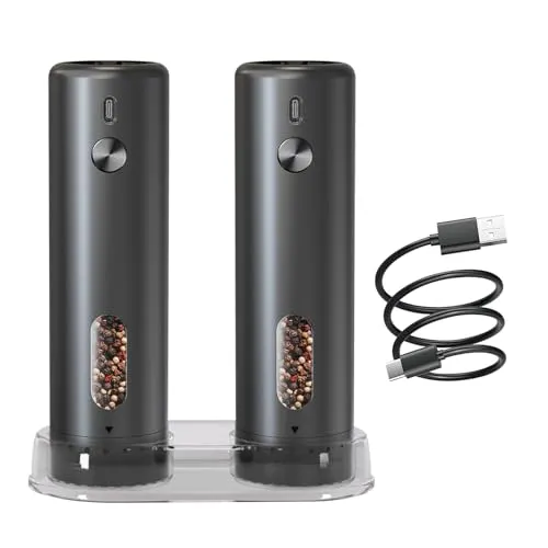 Salz und pfeffermühle elektrisch Set aufladbar, Automatis elektrische pfeffermühle set mit große Kapazität 110ml, Extern Einstellbare Grobheit, LED-Licht und Einhandbedienung, Schwarz