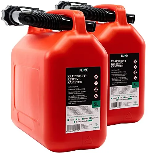 KOVA® 2x 5L Benzinkanister - Kraftstoffkanister mit UN-Zulassung - Perfekt als Dieselkanister, Reservekanister, Kraftstoffkanister, Wasserkanister, Benzin Kanister - Auswahl: 5L, 10L & 20L - ROT