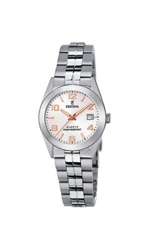 Festina F20438_4 Damen-Armbanduhr, Edelstahl-Gehäuse, stilvolles Design - Silber/Rosé - Damenuhr mit elegantem Edelstahlarmband und 10 ATM wasserdicht. Das flache Gehäuse und das silberne Zifferblatt mit Datumsanzeige bieten zeitlose Eleganz für jeden Anlass.