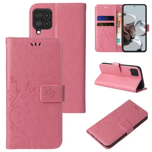 Handyhülle für Samsung Galaxy A22 Klapp Case Tasche Blume Schmetterling Rosegold