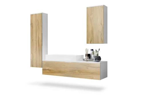 Vladon Badmöbel-Set Beach - Badmöbel-Set mit 2 Hochschränken, 1 Unterschrank und 1 Waschbecken, grifflose Oberfläche für einen modernen Look und Soft-Close-Scharnieren für sanftes Schließen.