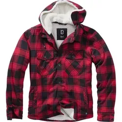 Brandit Lumber Jacket Hooded - Wattierte Flanelljacke in Rot/Schwarz, Größe XL - Funktionsjacke mit abtrennbarer Kapuze und Teddyfell, ideal für kalte Tage. 5 praktische Taschen bieten viel Stauraum.