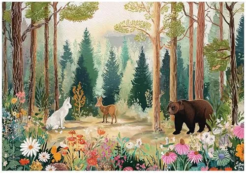 WallArena - Vlies Fototapete Kinderzimmer 200x140 cm Wald Tiere - Fototapeten Tapeten für Kinder Mädchen & Jungen - Kindertapete - Kinderzimmertapete Natur Tiere Blumen