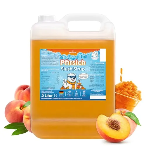 Belissia Slush Eis Sirup 5L Konzentrat | Pfirisch Geschmack | sehr ergiebig in knalligen Farben (1:5) für bis zu 30 Liter | Glycerin frei – für Slush-Eis