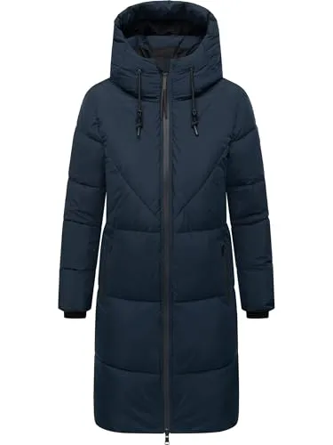 Navahoo Damen Langer Wintermantel Steppmantel mit Kapuze und Fleece-Kragen Navy Gr. S - Eleganter Steppmantel für Damen in tailliertem Schnitt. Wasserabweisendes Material und kuscheliges Fleece sorgen für wohlige Wärme. Ideal für stilvolle Winterlooks und kalte Tage – ein Must-have für modebewusste Frauen.
