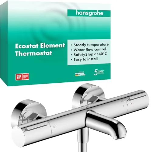 hansgrohe Ecostat Element - Wannenarmatur mit Sicherheitssperre - Armaturen mit Thermostatfunktion für gleichmäßige Wassertemperatur und Sicherheit durch SafetyStop bei 40°C - ideal für entspannende Badeerlebnisse.