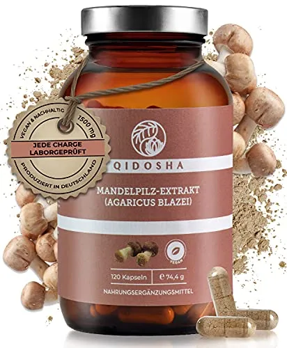 QIDOSHA® Agaricus 30:1 Extrakt Kapseln, 120 Stk - Hochdosierte Kapseln mit 30:1 Extrakt des Mandelpilzes, ideal für die tägliche Unterstützung. In praktischen Glasbehältern, umweltfreundlich und geschmacksneutral. Hergestellt in Deutschland mit geprüften Rohstoffen.