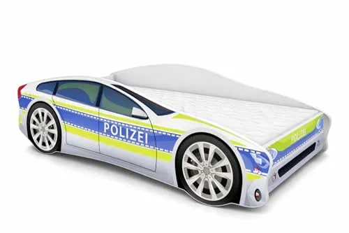 ACMA Autobett Polizei 160x80 cm – Kinderbett im Polizeiwagen Design mit Matratze und Lattenrost
