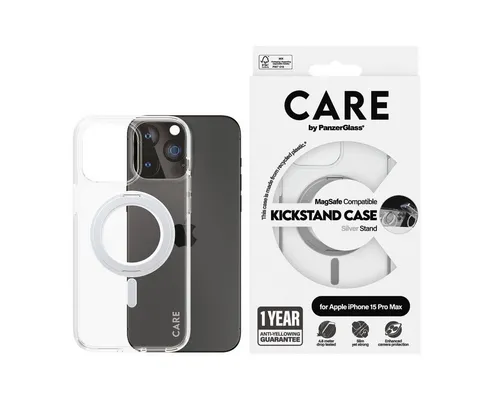 CARE by PanzerGlass Kickstand Case für iPhone 15 Plus - Smartphone-Hülle mit MagSafe, stoßfest und bis zu 4,8 Meter falltestet. Inklusive Kickstand-Funktion für freihändiges Streaming und Yoga-Kurse, hergestellt aus recyceltem Plastik.