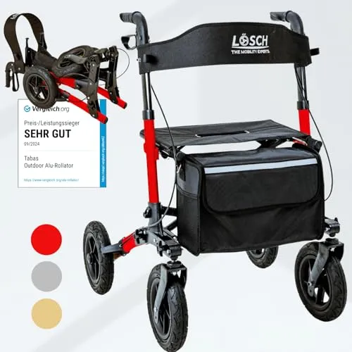 Lösch Reha Mobility Rollator faltbar & leicht mit Sitz - Rollatoren: Ideal für unterwegs, leicht (10,6 kg), 3-fach faltbar und mit luftbereiften Rädern für alle Untergründe, bietet er Sicherheit und Komfort für Senioren.