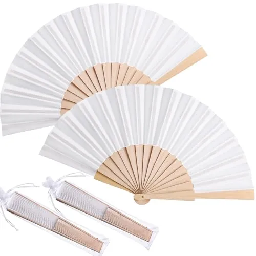 Chuangdi Handfächer aus Holz, faltbar, aus Stoff, Handfächer, Handfächer, Handwerk, Geschenk, mit Kordelzug, Organza-Beutel für Männer, Frauen, Mädchen, Weiß, 2 Stück