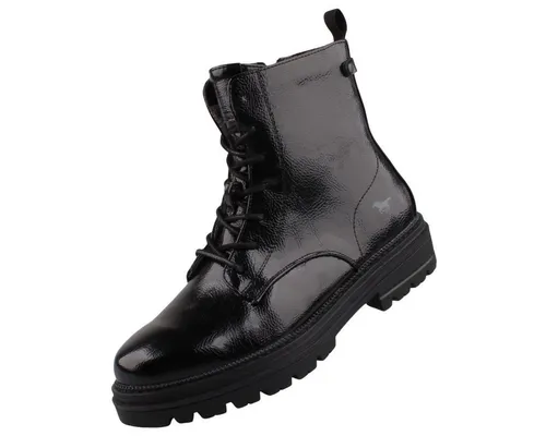 Mustang Shoes 1398510/902 Stiefelette - Damen Wanderschuhe in Schwarz, urbane Schnür-Stiefelette aus Lack-Kunstleder mit wärmendem Fleecefutter und robuster Synthetiksohle für optimalen Komfort und Stil.