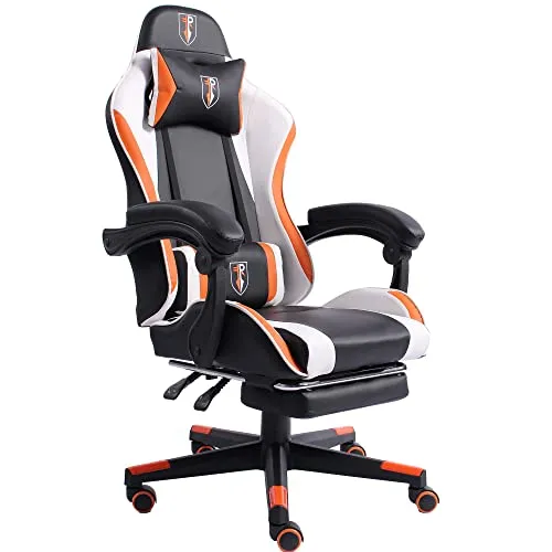 Ergonomischer Gaming Stuhl im Racing-Design - Bürostuhl mit verstellbarer Wippmechanik, extra Stützkissen und ausziehbarer Fußstütze für gesunde Körperhaltung und maximalen Komfort beim Gaming.