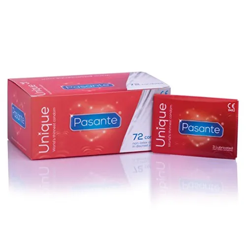 Pasante Unique Kondome 72er Pack - Latexfreie Kondome im 72er Vorratspack, ideal für Latexunverträglichkeit. Besonders dünn für ein unvergleichliches Gefühl, geruchsneutral und mit Reservoir. Für den einmaligen Gebrauch geeignet.