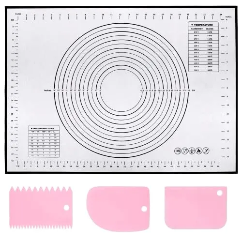 Silikon Backmatte 60 x 40 cm, Backunterlage mit Messung,3 Stück Teigschaber | Groß Antihaft Teigmatte Ausrollmatte, Wiederverwendbar Backen Zubehörfür Teig, Fondant, Macarons, Kekse, Pizza