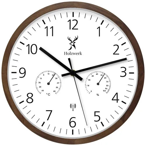 Holzwerk Funkwanduhr mit Hygrometer & Thermometer in braun von Holzwerk