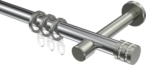 Interdeco Gardinenstange / Vorhangstange Chrom / Edelstahl-Optik, Typ Prestige Estana (Glitzerkappe), 20 mm Ø 1-läufig, 260 cm