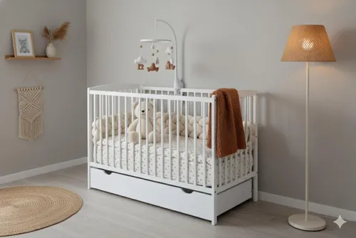 2in1 Babybett und Kinderbett 120x60cm, Weiss, mit 3-Fach Höhenverstellbarer und 3 Schlupfsprossen, Matratze und Schublade, Umbaubar zum Juniorbett, aus Kiefernholz