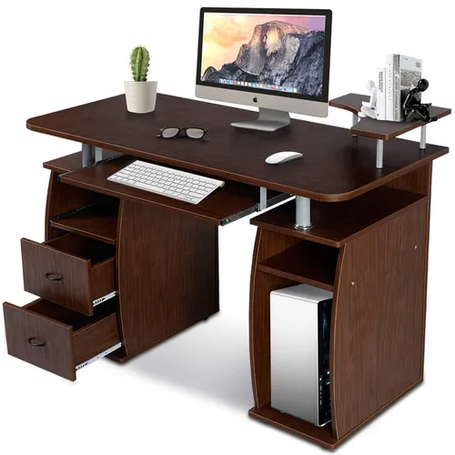 Goplus Computertisch, Schreibtisch Buerotisch mit Tastaturauszug, Arbeitstisch, PC-Tisch mit Schubladen, 120x55x85cm Braun