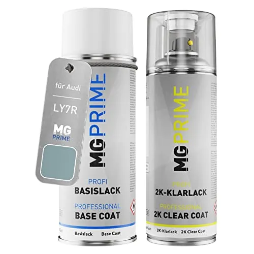 MG PRIME Autolack 2K Spraydosen Set für Audi LY7R / Y7R / 4J Kristallblau Metallic/Crystal Blue Metallic Basislack 2 Komponenten Klarlack Sprühdose