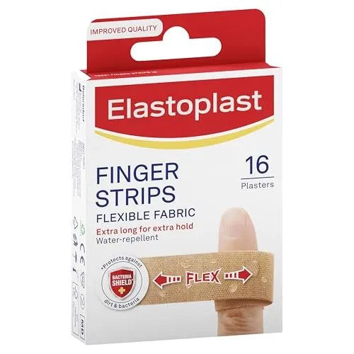 Elastoplast Extra Flexible Fingerstreifenpflaster (16 Pflaster), flexible und langlebige Alltagspflaster für Finger, dehnbare Stoffpflaster, wasserdichtes Pflaster, extralanges Pflaster für besseren