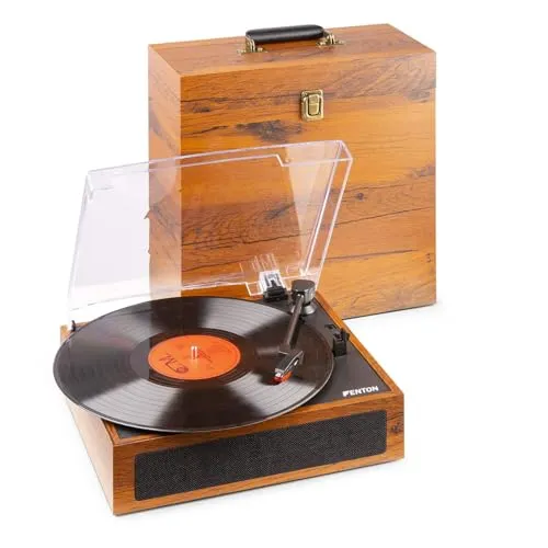 Fenton Plattenspieler Bluetooth, Vinyl Player mit Schallplattenkoffer, Autostopp, Abdeckhaube Vinyl Record Player mit eingebautem Lautsprecher, Schallplattenspieler mit Case, Holz Lightwood