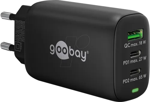 Goobay 65407 USB C Ladegerät 65W - 3-Port Mini Adapter mit 65W Power Delivery für schnelles Laden von Smartphones, Tablets und Laptops; ideal für unterwegs und reduziert Ladechaos.