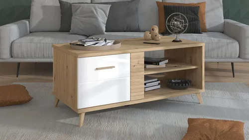 Couchtisch Brenna – Holzfarben, 60x54 cm - Rechteckiger Couchtisch Brenna in Holzfarben mit modernem Design, viel Stauraum dank zwei Türen und Fächern. Ideal für Wohnräume!