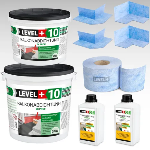 Dicht-Set Balkonandichtung 2K 30kg - Terrassen- und Balkonabdichtung - Dichtmaterialien für Balkon und Terrasse, schimmelresistent und wasserdicht. Ideal für Badezimmer und Keller, mit 15m Dichtband und 30kg Dichtschlämme.
