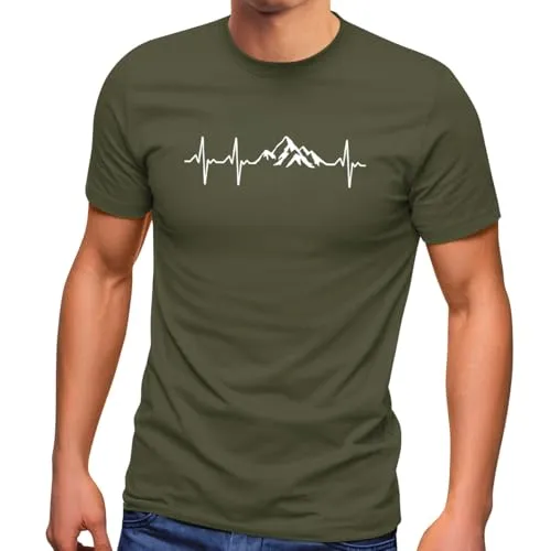 MoonWorks® Herren T-Shirt Berge Wandern Herzschlag Puls EGK Geschenk für Wanderfreunde Fun-Shirt Army S