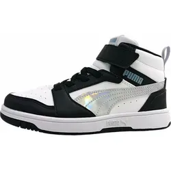 Puma Rebound V6 Mid Space Belle AC+ PS Sneakers - Kinder Sneakers im 80er-Jahre-Basketball-Look mit SOFTFOAM+ Innensohle für optimalen Komfort. Umweltfreundlich aus recycelten Materialien, ideal für aktive Kinder von 4 bis 8 Jahren.
